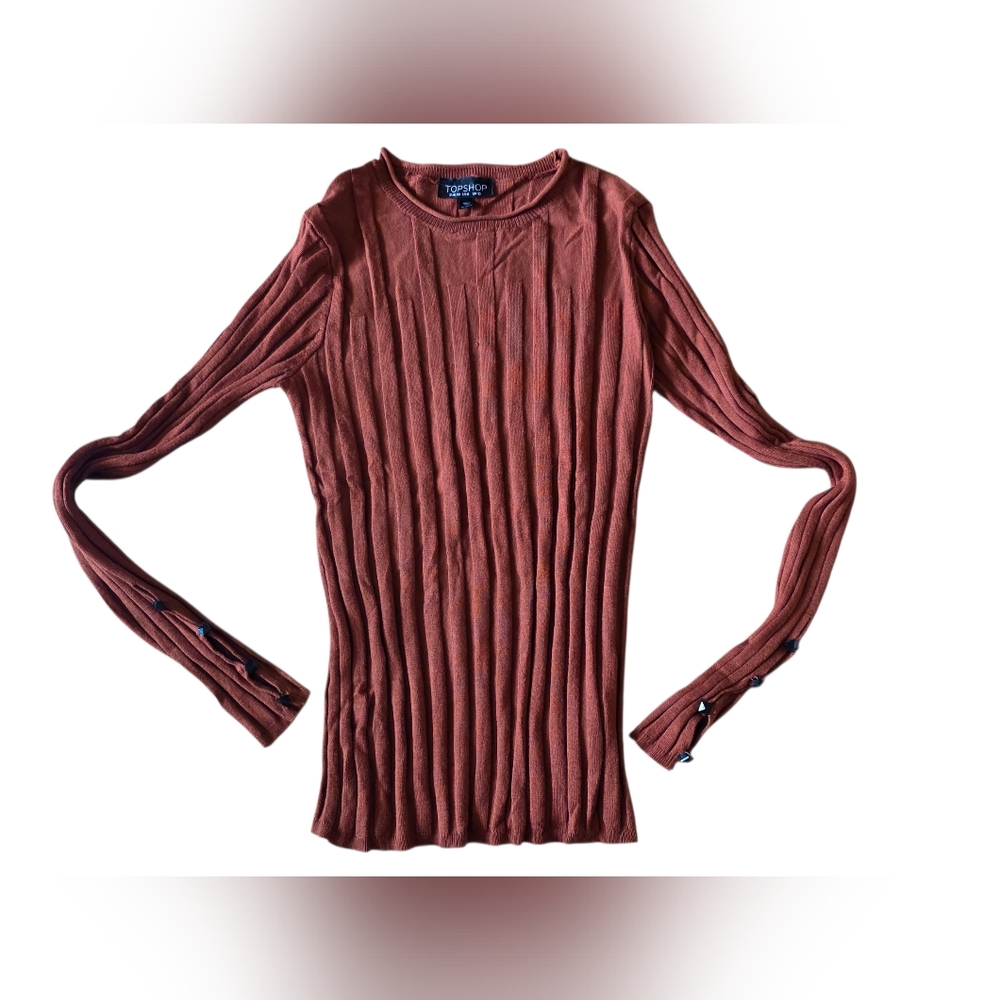 TopShop Ribbed Crewneck Stretch Sweater Button Sleeve Detail Rust Size 6